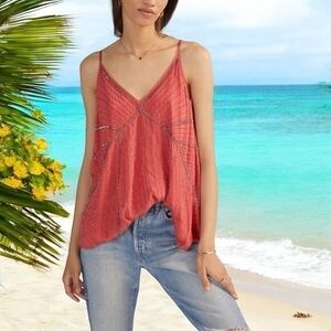 Anthropologie Ranna Gill Art Deco Strappy Beaded Cami Size S Pink Viscose VG